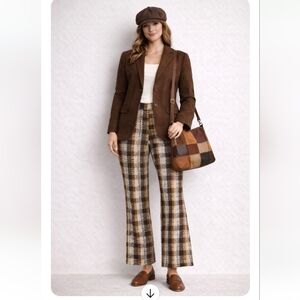 Free People Brown & Gold Abstract Plaid Pants | Size 0